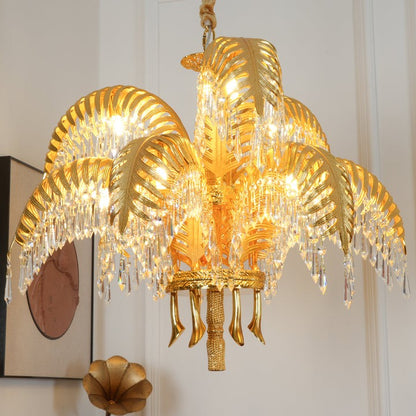 Luxury Palm Leaf Brass & Crystal Chandelier