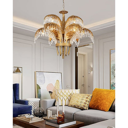 Luxury Palm Leaf Brass & Crystal Chandelier