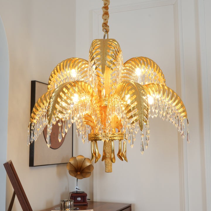 Luxury Palm Leaf Brass & Crystal Chandelier