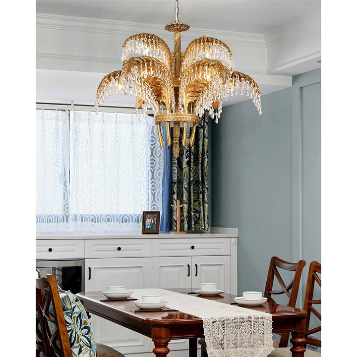 Luxury Palm Leaf Brass & Crystal Chandelier