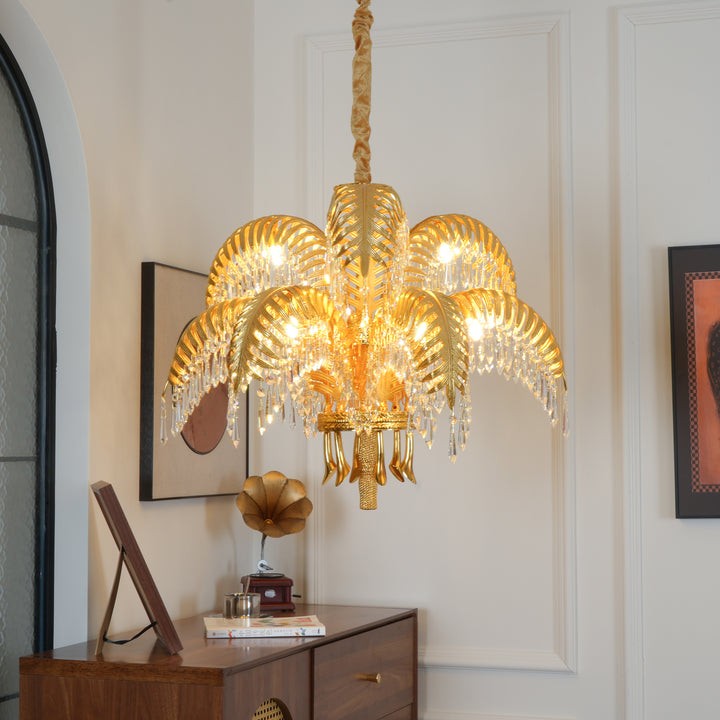 Luxury Palm Leaf Brass & Crystal Chandelier