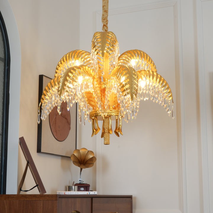 Luxury Palm Leaf Brass & Crystal Chandelier