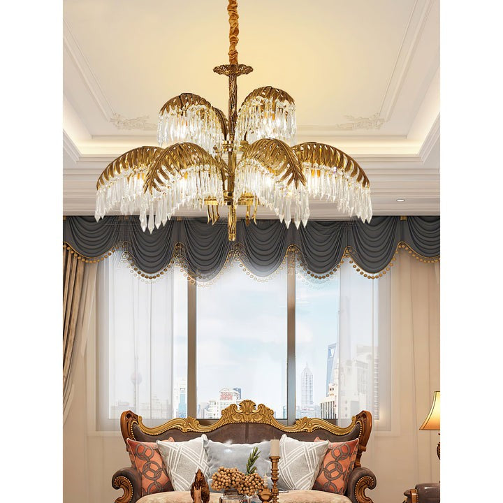 Luxury Palm Leaf Brass & Crystal Chandelier