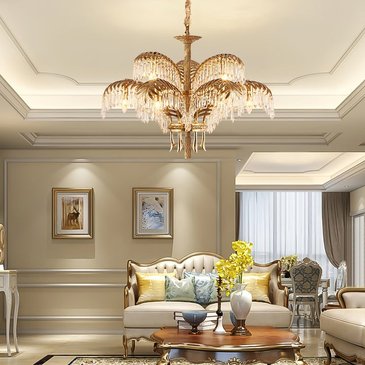 Luxury Palm Leaf Brass & Crystal Chandelier