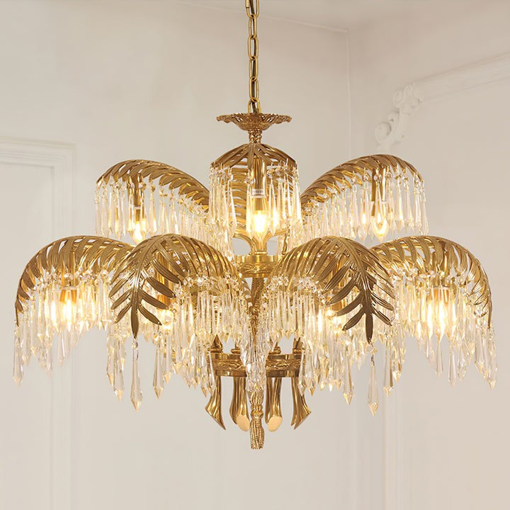 Luxury Palm Leaf Brass & Crystal Chandelier