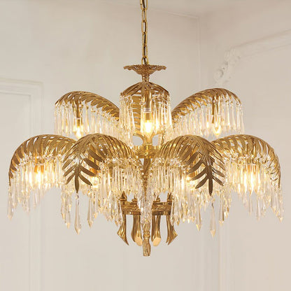 Luxury Palm Leaf Brass & Crystal Chandelier