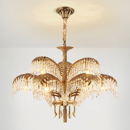 Luxury Palm Leaf Brass & Crystal Chandelier