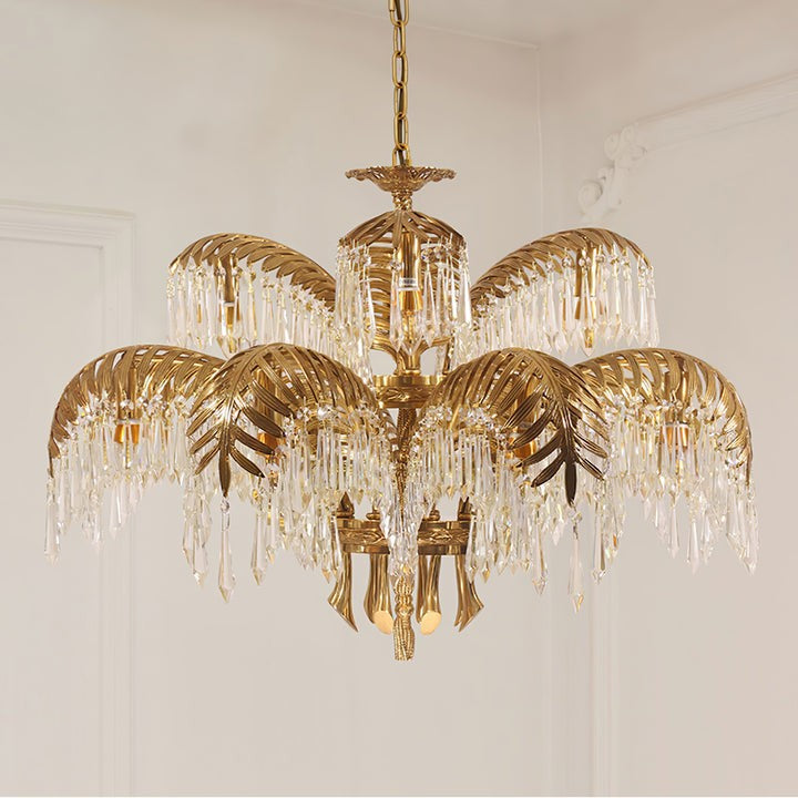 Luxury Palm Leaf Brass & Crystal Chandelier