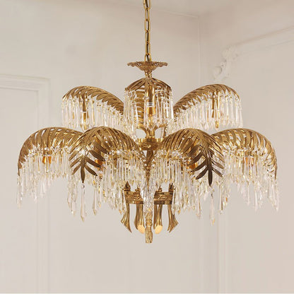 Luxury Palm Leaf Brass & Crystal Chandelier