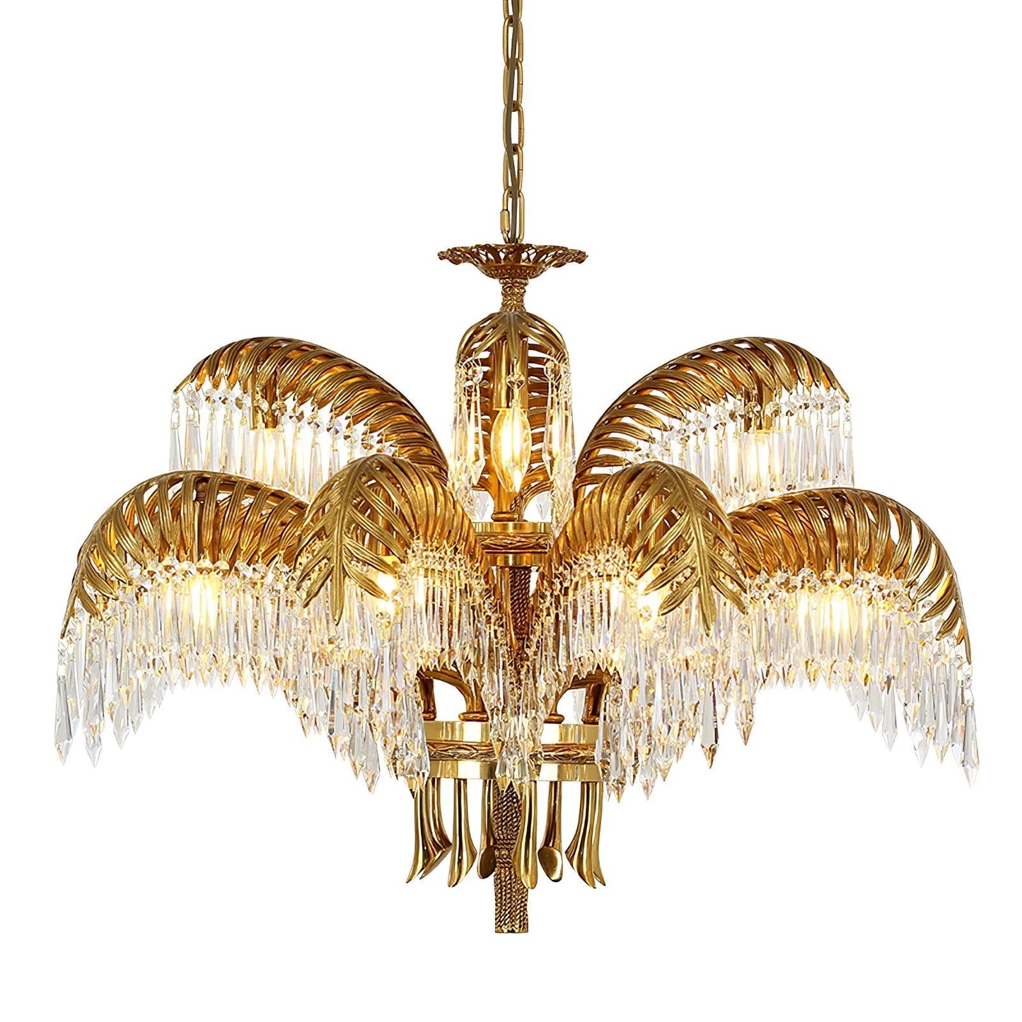 Luxury Palm Leaf Brass & Crystal Chandelier