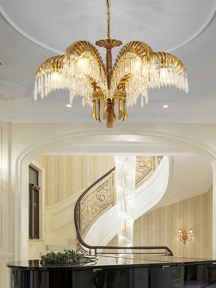 Luxury Palm Leaf Brass & Crystal Chandelier