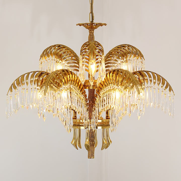 Luxury Palm Leaf Brass & Crystal Chandelier