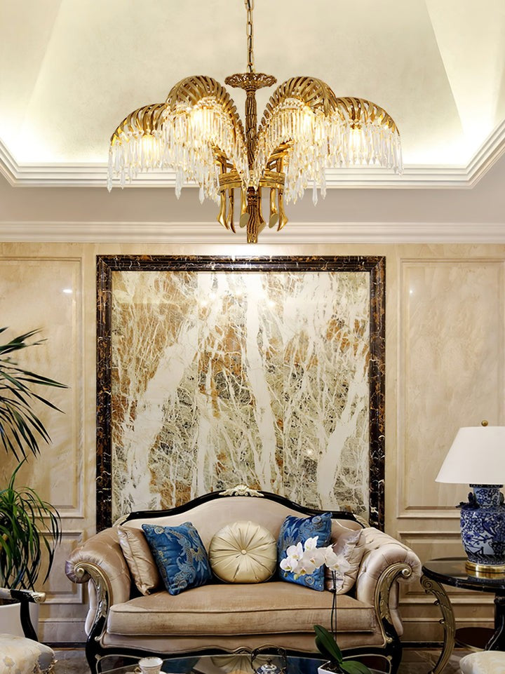Luxury Palm Leaf Brass & Crystal Chandelier