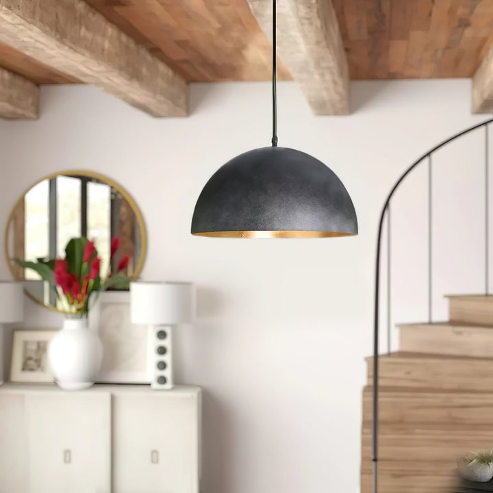 Matte Black Dome Pendant Light with Gold Interior