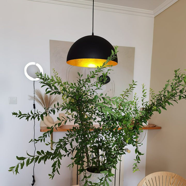 Matte Black Dome Pendant Light with Gold Interior