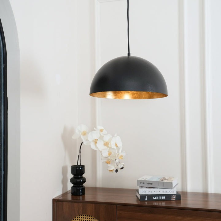 Matte Black Dome Pendant Light with Gold Interior