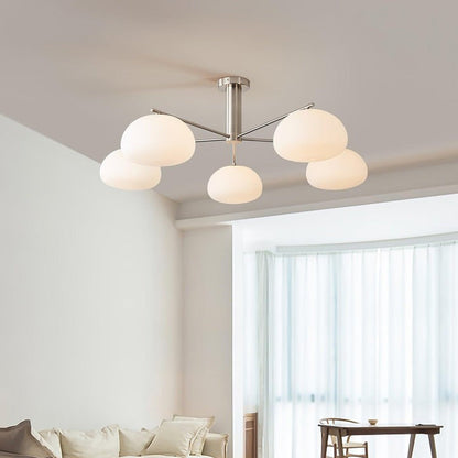 Mid-Century Gold Cross Frame Chandelier with White Glass Globes
