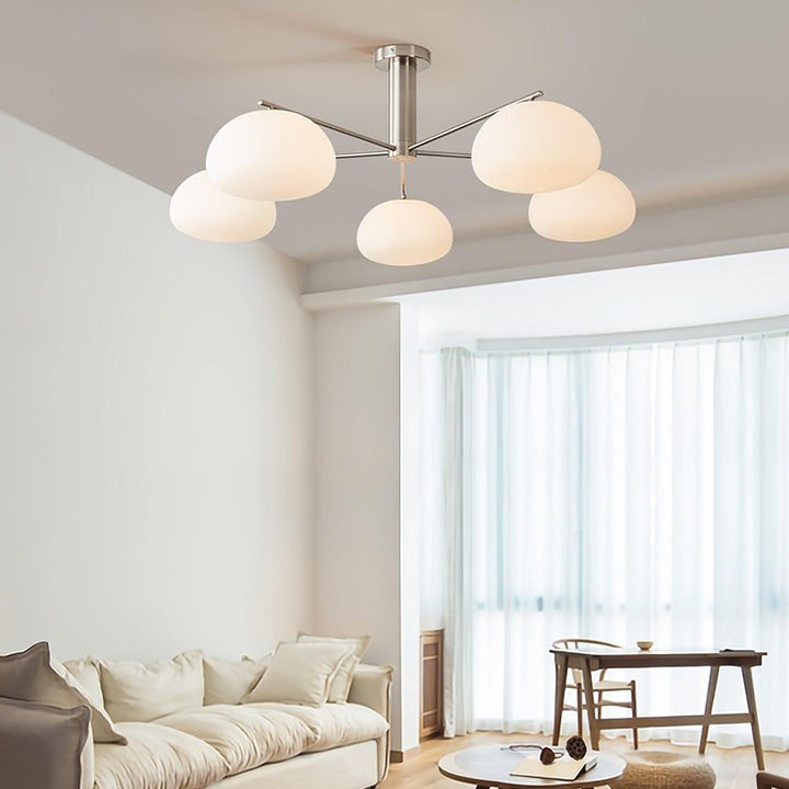 Mid-Century Gold Cross Frame Chandelier with White Glass Globes