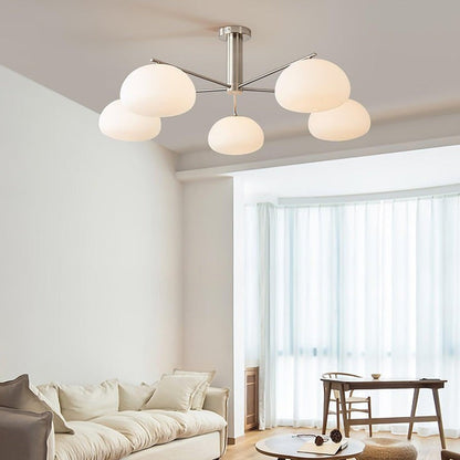 Mid-Century Gold Cross Frame Chandelier with White Glass Globes