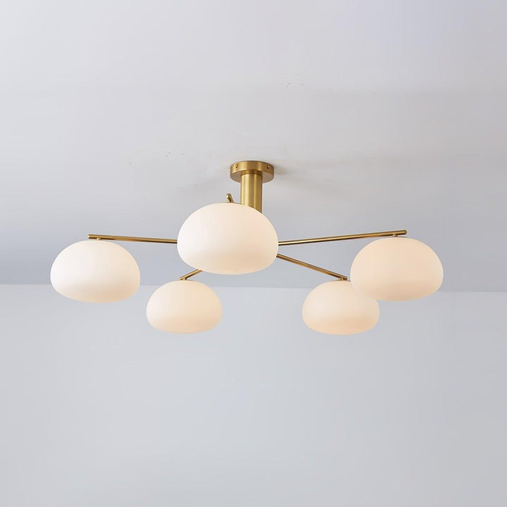 Mid-Century Gold Cross Frame Chandelier with White Glass Globes