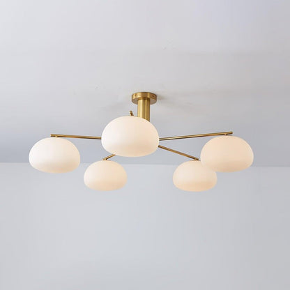 Mid-Century Gold Cross Frame Chandelier with White Glass Globes