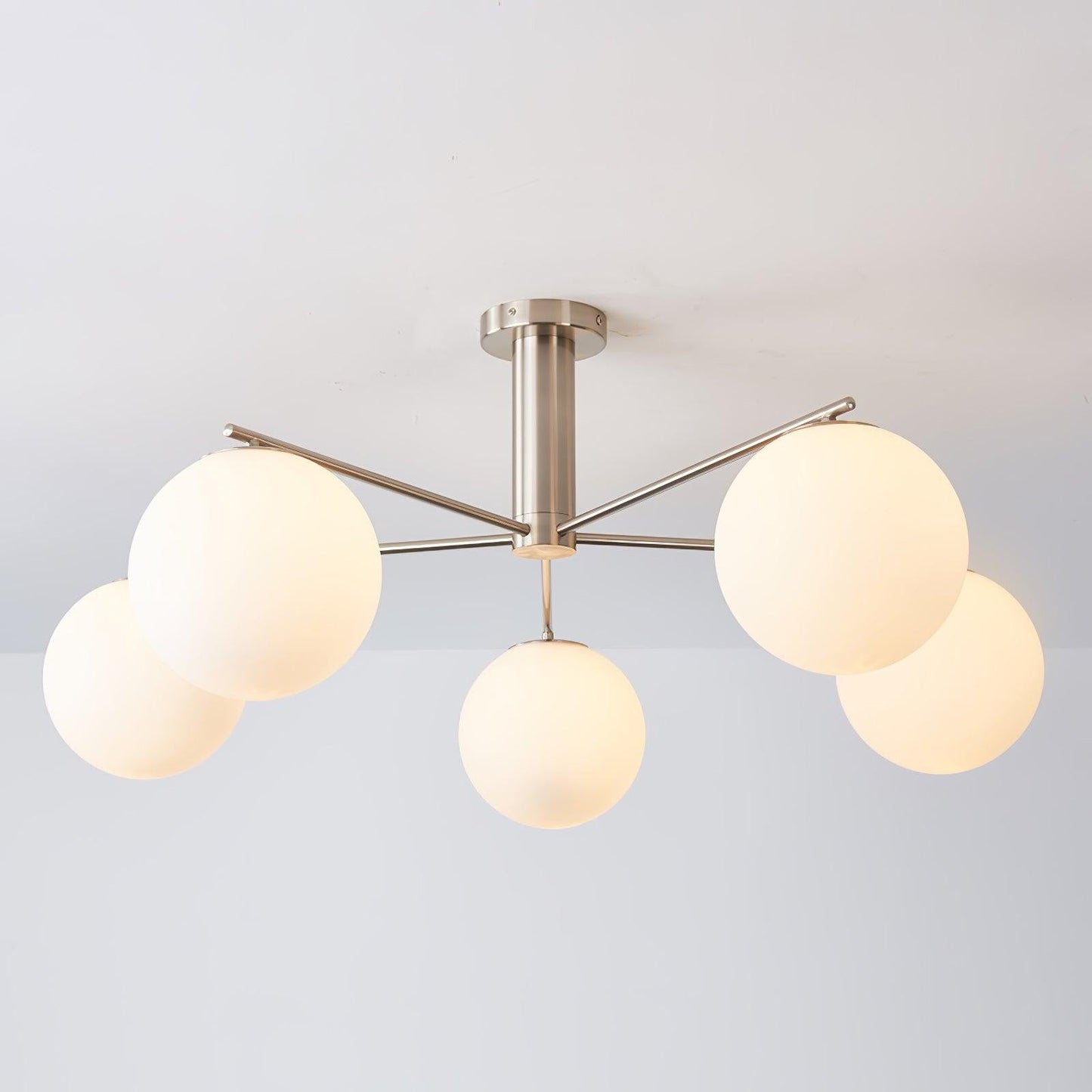 Mid-Century Gold Cross Frame Chandelier with White Glass Globes