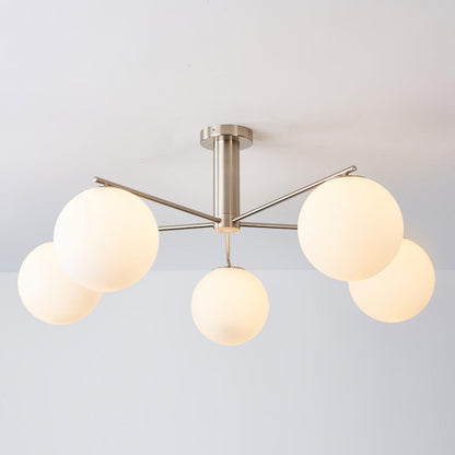 Mid-Century Gold Cross Frame Chandelier with White Glass Globes
