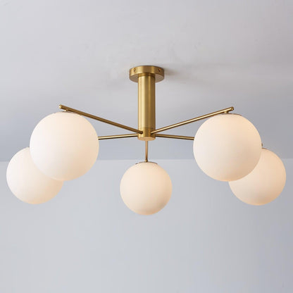 Mid-Century Gold Cross Frame Chandelier with White Glass Globes