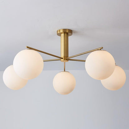 Mid-Century Gold Cross Frame Chandelier with White Glass Globes