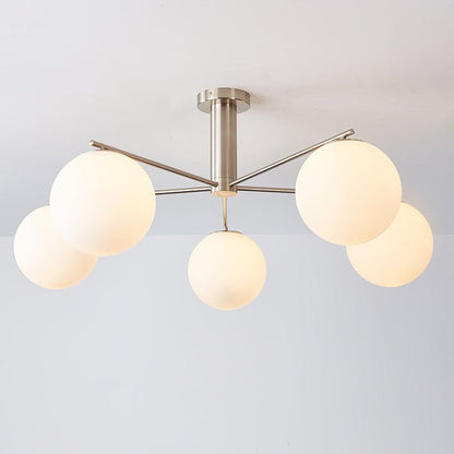 Mid-Century Gold Cross Frame Chandelier with White Glass Globes