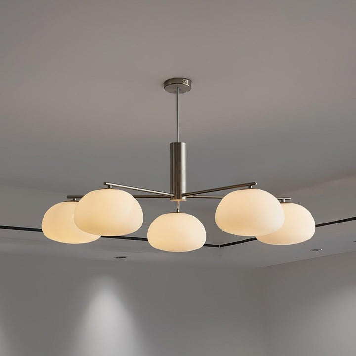 Mid-Century Gold Cross Frame Chandelier with White Glass Globes