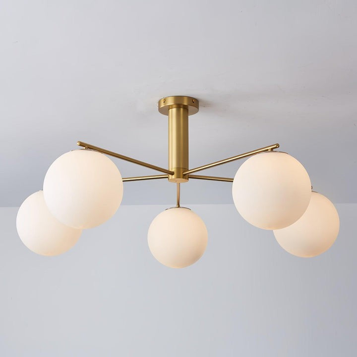 Mid-Century Gold Cross Frame Chandelier with White Glass Globes