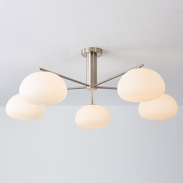 Mid-Century Gold Cross Frame Chandelier with White Glass Globes