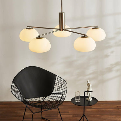 Mid-Century Gold Cross Frame Chandelier with White Glass Globes