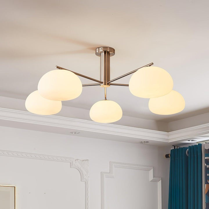 Mid-Century Gold Cross Frame Chandelier with White Glass Globes