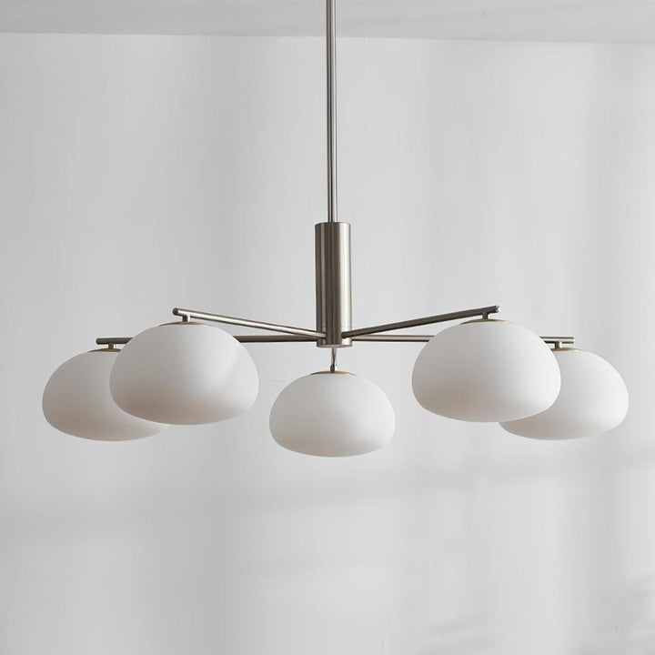 Mid-Century Gold Cross Frame Chandelier with White Glass Globes