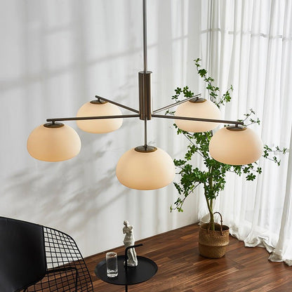 Mid-Century Gold Cross Frame Chandelier with White Glass Globes