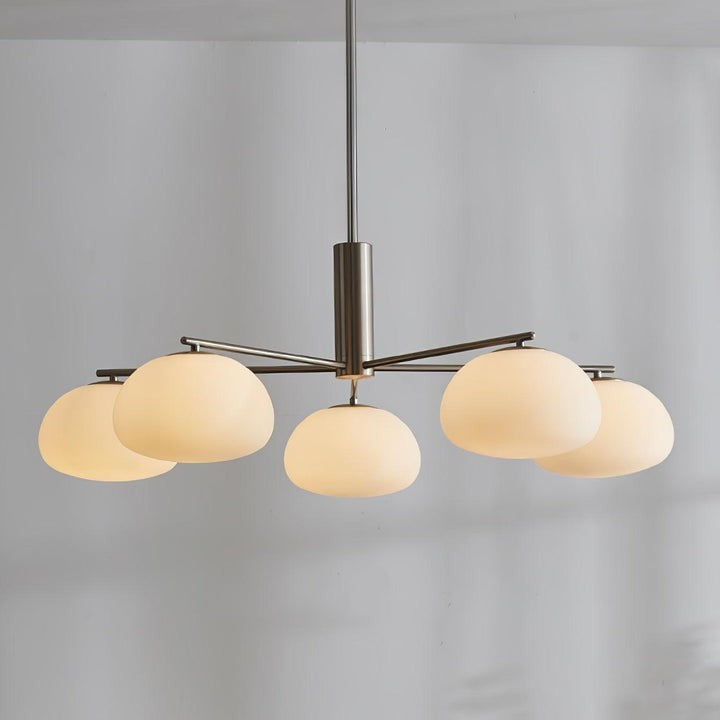 Mid-Century Gold Cross Frame Chandelier with White Glass Globes