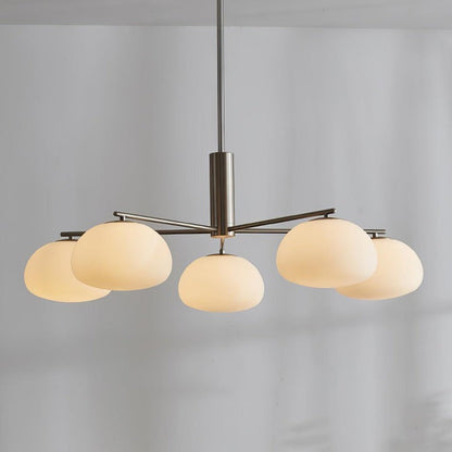 Mid-Century Gold Cross Frame Chandelier with White Glass Globes