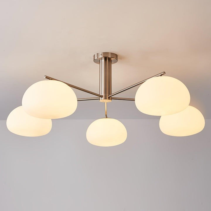 Mid-Century Gold Cross Frame Chandelier with White Glass Globes