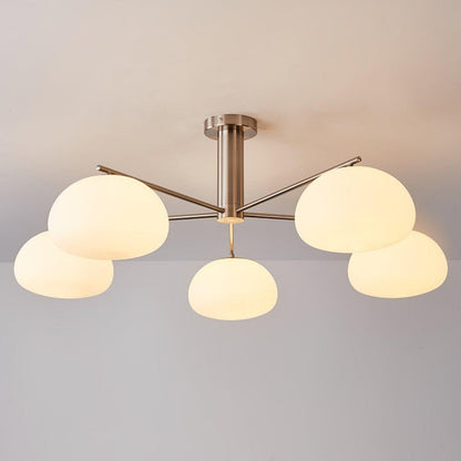 Mid-Century Gold Cross Frame Chandelier with White Glass Globes