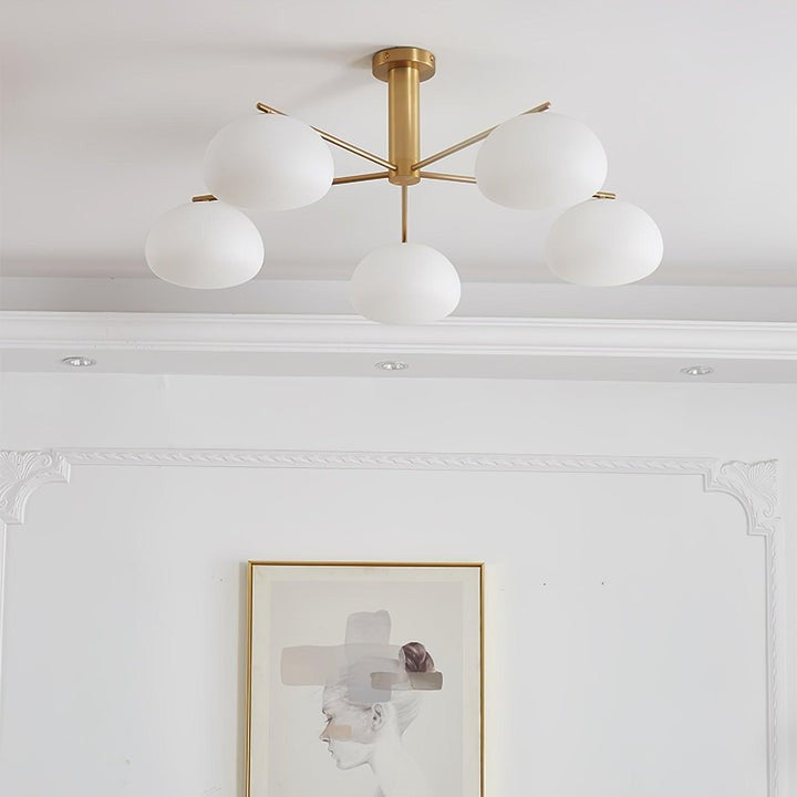 Mid-Century Gold Cross Frame Chandelier with White Glass Globes