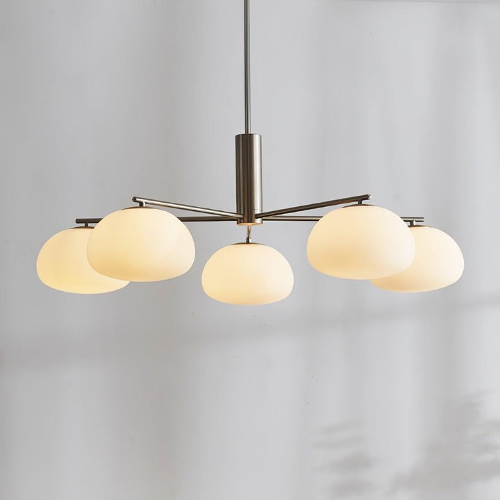 Mid-Century Gold Cross Frame Chandelier with White Glass Globes