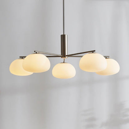 Mid-Century Gold Cross Frame Chandelier with White Glass Globes