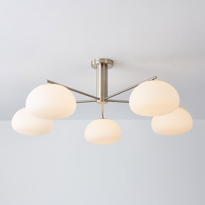 Mid-Century Gold Cross Frame Chandelier with White Glass Globes