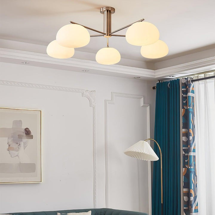 Mid-Century Gold Cross Frame Chandelier with White Glass Globes