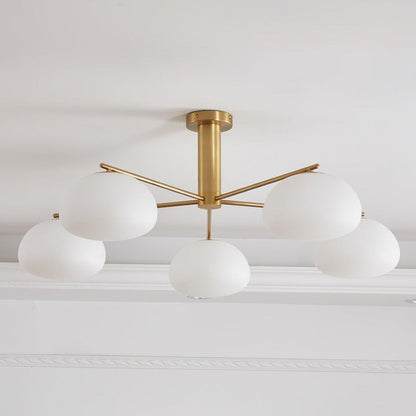 Mid-Century Gold Cross Frame Chandelier with White Glass Globes