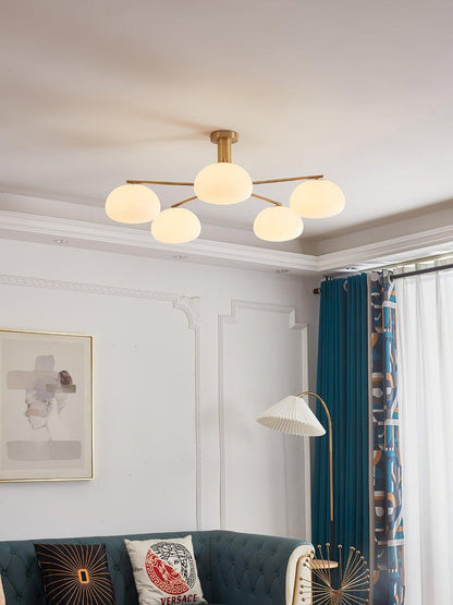 Mid-Century Gold Cross Frame Chandelier with White Glass Globes