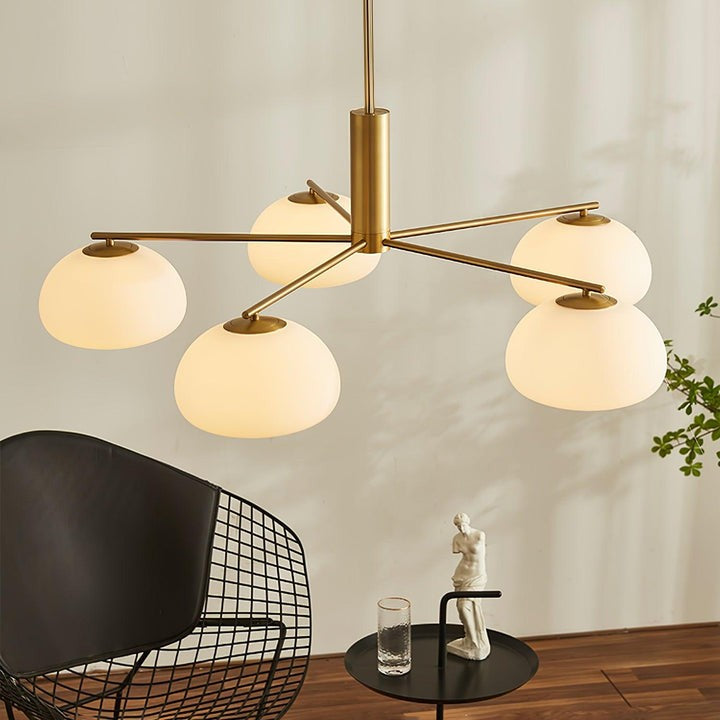 Mid-Century Gold Cross Frame Chandelier with White Glass Globes