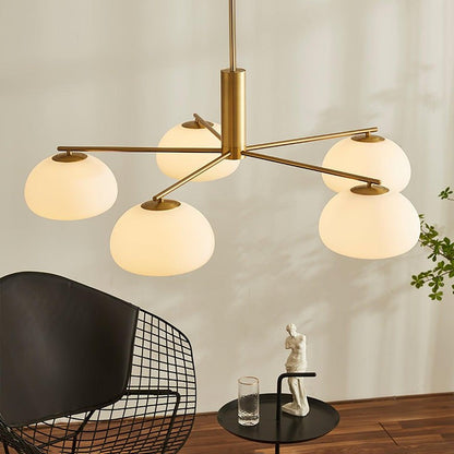 Mid-Century Gold Cross Frame Chandelier with White Glass Globes